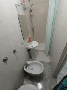 bagno con lavandino, servizi igienici e specchio di Flegrei Apartment a Napoli