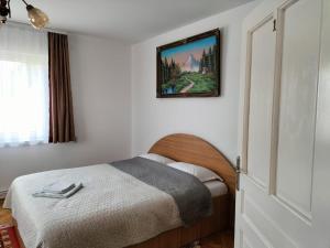 a bedroom with a bed and a picture on the wall at Casa Alba in Fundata