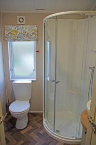 a bathroom with a toilet and a glass shower at Coastal View in Brixham