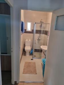 La salle de bains est pourvue d'une douche, de toilettes et d'un lavabo. dans l'établissement Villa ,,Sea Breeze,, - home by the sea, à Nea Anchialos