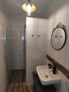 a bathroom with a shower and a sink and a mirror at Apartma Pinea in Portorož
