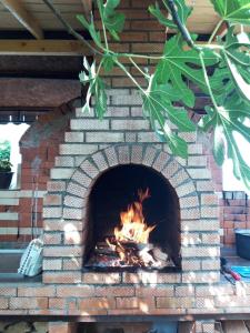 a brick oven with a fire in it at Casa Beatrice in Eşelniţa