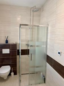 a bathroom with a glass shower with a toilet at Modern 2 bed house near Bratislava with parking in Rovinka