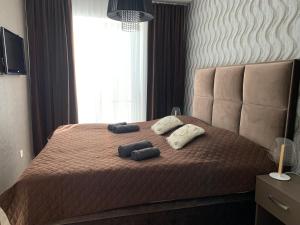 a bedroom with a bed with two pillows on it at Modern 2 bed house near Bratislava with parking in Rovinka