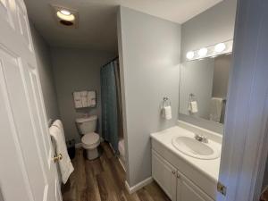 een badkamer met een wastafel, een toilet en een spiegel bij Misty Harbor Resort in Gilford