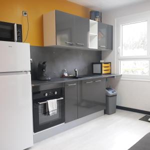 eine Küche mit grauen Schränken und einem weißen Kühlschrank in der Unterkunft La dépendance du vieux tilleul- Gorges Tarn et Jonte in Meyrueis