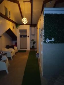 uma sala de estar com uma parede verde e uma porta em Complex Turistic Dávid em Boghiş