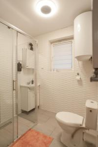 een witte badkamer met een toilet en een douche bij Domek JuKa in Biały Dunajec