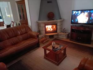 - un salon avec un canapé et une cheminée dans l'établissement Casa Amarela da Caniçada, à Vieira do Minho