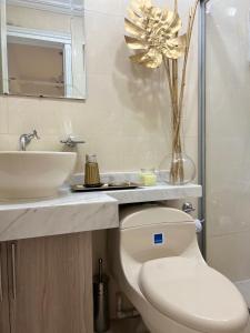 a bathroom with a toilet and a sink at Casa hermosa amoblada norte de Valledupar in Valledupar