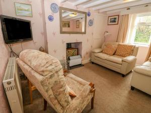 a living room with a tv and a couch at Tir Bedw in Ederyn