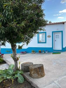 un edificio blu con un albero e due tronchi di Casa da Cerca a Corte do Pinto
