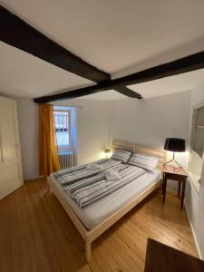 カロナにあるTipica casa ticinese a Caronaの木製の床と大きなベッドのある寝室 +8枚の写真