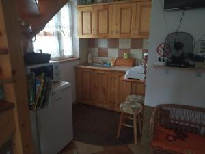 a kitchen with wooden cabinets and a white refrigerator at Domek u Doroty Orelec k Soliny in Orelec