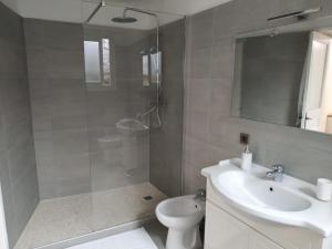 een badkamer met een douche, een toilet en een wastafel bij Maison Trucchi in Menton