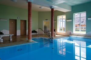 a large swimming pool with blue water in a room at Seepark Auenhain in Markkleeberg