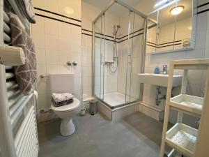 un bagno con doccia, WC e lavandino di Amrumer Schatztruhe mit Loggia und Meerblick a Wittdün