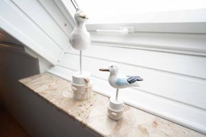 two birds sitting on a counter next to a window at Ferienwohnung Spiekeroog in Neuharlingersiel
