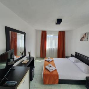 a hotel room with a bed and a television at VILA TAMI in Costinesti