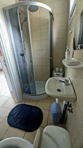 La salle de bains est pourvue d'une douche, d'un lavabo et de toilettes. dans l'établissement Domek Wilamów, à Wilamów