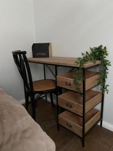 einen Schreibtisch mit einem Stuhl und einem Tisch mit einer Pflanze in der Unterkunft Magnus & Morgentau in Göhren