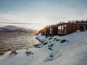 a house in the snow next to a body of water at Aurora Fjord Cabins in Lyngseidet