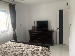 Un dormitorio con una cama y un televisor sobre una cómoda. en Sonte Residence, en Hăulişca