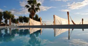 een weerspiegeling van een palmboom in een zwembad bij Finca Gaia La Segunda in Guía de Isora