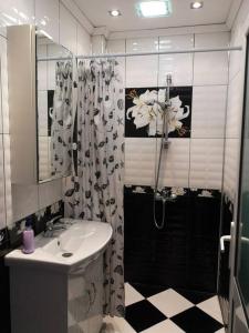 a bathroom with a sink and a shower at Apartment Serkyovi in Pomorie