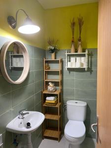 a bathroom with a toilet and a sink and a mirror at Eterna Primavera, a 40m de la piscina natural in Punta de Mujeres