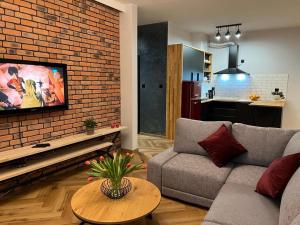 Televízia a/alebo spoločenská miestnosť v ubytovaní Apartment 07 Uniejów
