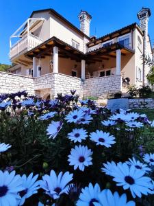 ein Feld blauer Blumen vor einem Haus in der Unterkunft Danijela Rovinj sea view and free parking in Rovinj
