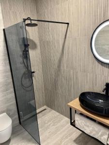 a bathroom with a shower and a toilet and a sink at Apartments Fortes Fortuna in Dubrovnik