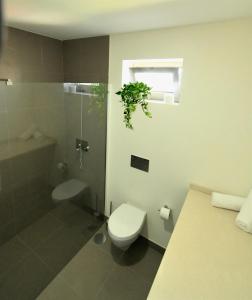 a bathroom with a toilet and a shower and a sink at Surfivor Surf Camp in Esmoriz +23 photos