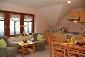 een keuken en woonkamer met een tafel en stoelen bij Ferienhof Schönfelder in Königstein an der Elbe