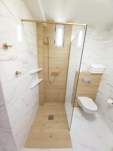 レバにあるRewianka Apartamenty przy samej plażyのバスルーム(トイレ、ガラス張りのシャワー付)