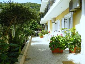a courtyard of a building with potted plants at ARISTON APARTMENTS in Poros
