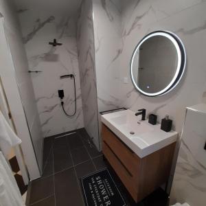 ein Bad mit einem Waschbecken und einem Spiegel in der Unterkunft VILLA GARRIGA in Le Bois de Nèfles