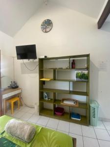 a room with a book shelf and a tv at SERENITY piscine 53m cube in La Trinité