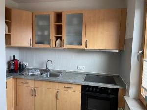 Una cocina con gabinetes de madera y un fregadero. en Ferienwohnung LaMer, en Borkum