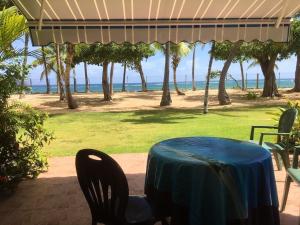 a table with a blue table cloth sitting on a patio at Appartement d'une chambre a Le Moule a 30 m de la plage avec vue sur la mer jardin clos et wifi in Le Moule