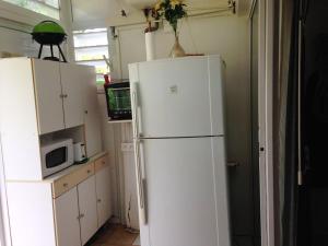 a kitchen with a white refrigerator and a microwave at Appartement d'une chambre a Le Moule a 30 m de la plage avec vue sur la mer jardin clos et wifi in Le Moule