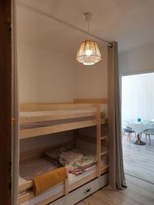 a bunk bed in a room with a chandelier at ** Nouveau ** Le Jardin De La Plage - Appartement avec extérieur in Saint-Jorioz