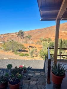 a porch with potted plants and a view of the desert at La Casita de la Era in Betancuría