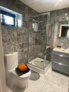 a bathroom with a shower and a toilet and a sink at Sandy Toes in Bournemouth