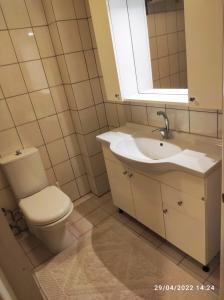 een badkamer met een toilet, een wastafel en een spiegel bij Atlas Cesme Apartments in Çeşme