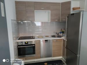 a kitchen with stainless steel appliances and wooden cabinets at Markaz Apartman Bihać 2 in Bihać