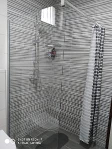 a bathroom with a shower with a glass door at Markaz Apartman Bihać 2 in Bihać