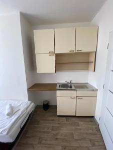 a small kitchen with a sink and white cabinets at Hotel Houštka in Brandýs nad Labem-Stará Boleslav