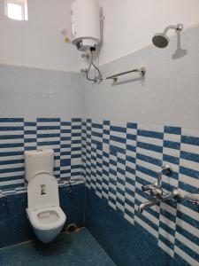 ein Bad mit einem WC und blauen und weißen Fliesen in der Unterkunft Ashiyana Rest House in Deoghar